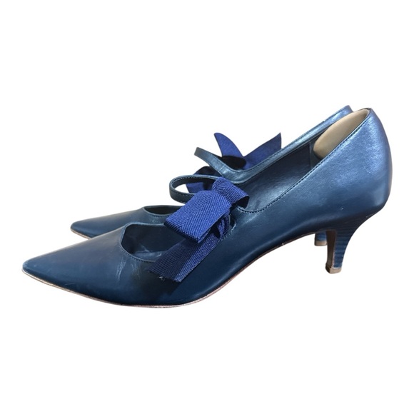 Tory Burch Blue Leather Pointed Toe Kitten Heel with Bow Detailing - Picture 4 of 8